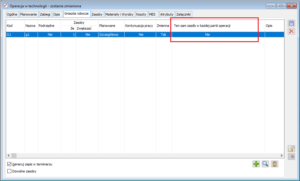 Operacja w technologii, zakładka: Gniazda robocze - nowy parametr: Ten sam zasób w każdej partii operacji