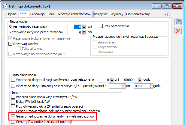 Definicja ZP, zakładka: Inne - parametr: Generuj jednocześnie dokumenty na wiele magazynów