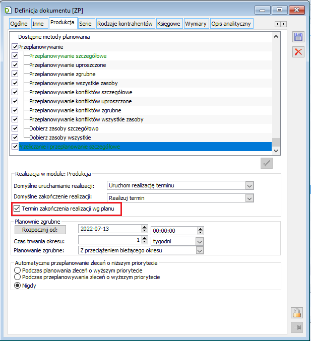 Definicja dokumentu ZP, zakładka: Produkcja - nowy parametr: Termin zakończenia realizacji wg planu