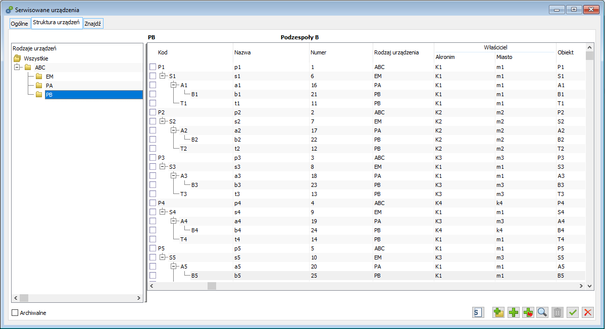 Lista urządzeń serwisowych, zakładka: Struktura urządzeń