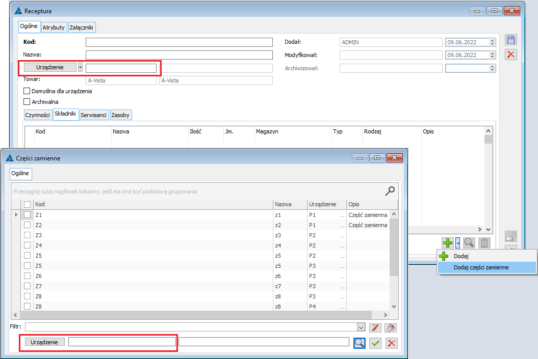 Dodawanie listy części zamiennych do receptury serwisowej