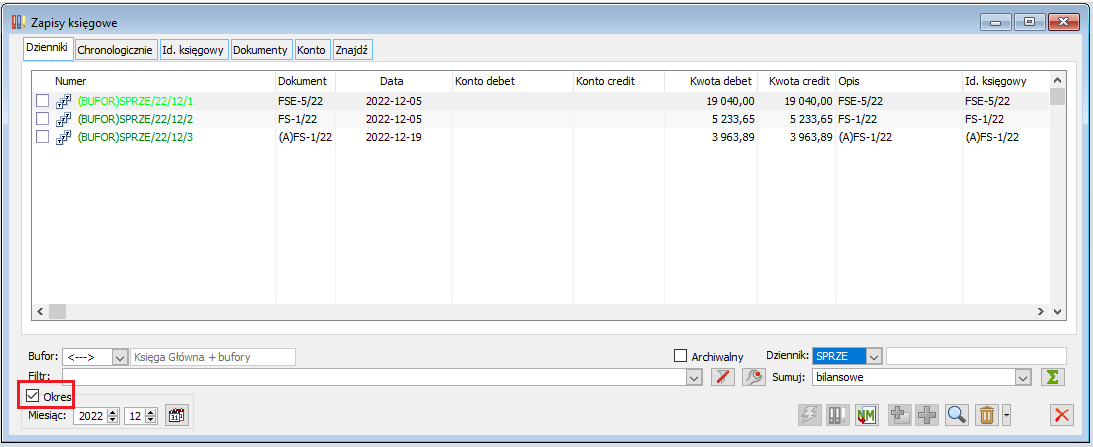 Lista zapisów księgowych, wybrany parametr „Okres”