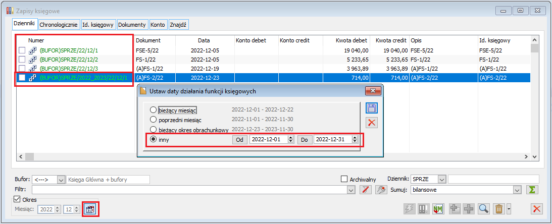 Lista zapisów księgowych, zaznaczony parametr „Okres”, włączony przycisk „Włącz/wyłącz aktywny okres”, wybrany okres „Inny”