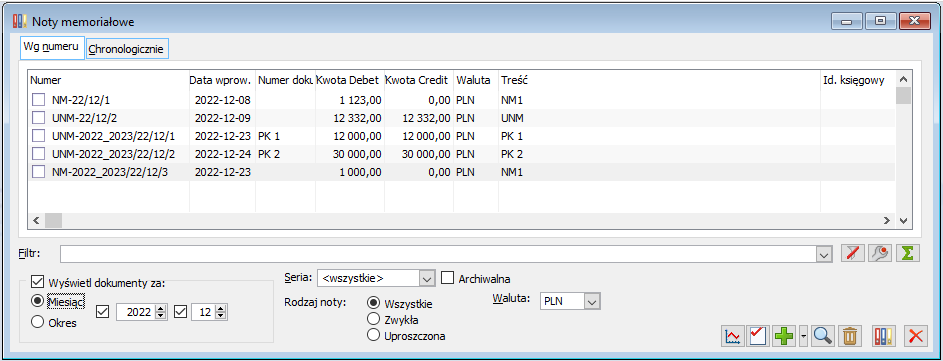 Okno Noty Memoriałowe, zakładka [Wg numeru], wybrany parametr „Miesiąc”