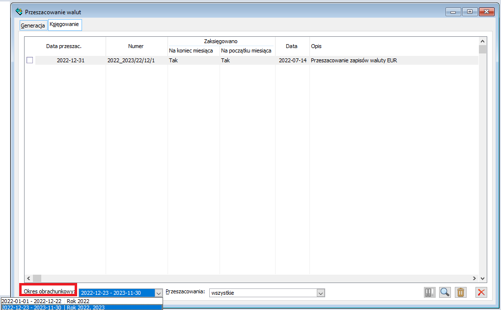 Przeszacowanie walut, zakładka [Księgowanie]