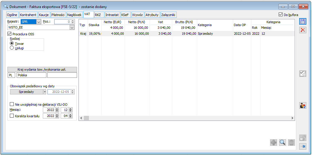 Faktura sprzedaży (FSE), zakładka VAT, rodzaj transakcji WSTO_EE, wybrany parametr Procedura OSS