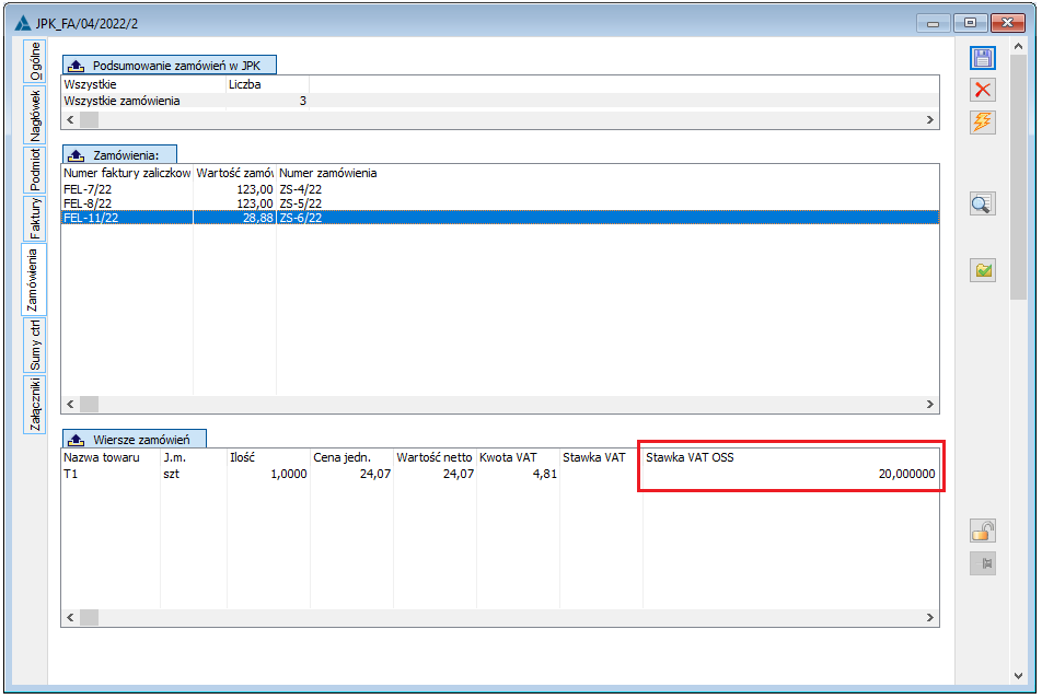 Stawka VAT elementu zamówienia dla faktury zaliczkowej w procedurze OSS