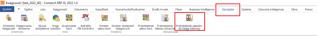 Ribbon, zakładka Narzędzia, opcja Przeniesienie zapisów do Księgi Głównej