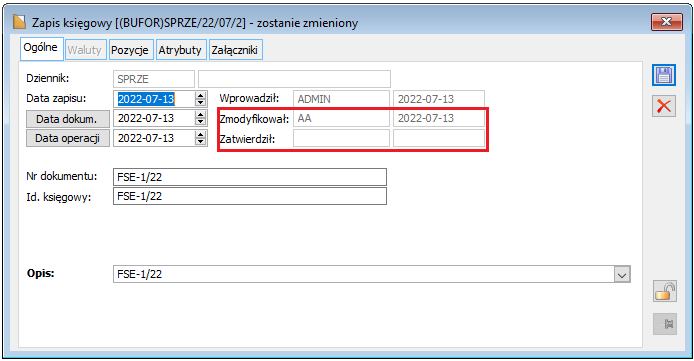 Zapis księgowy, zakładka „Ogólne” – nowe parametry dat