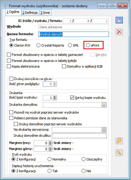 Nowy typ formatu wydruku: sPrint