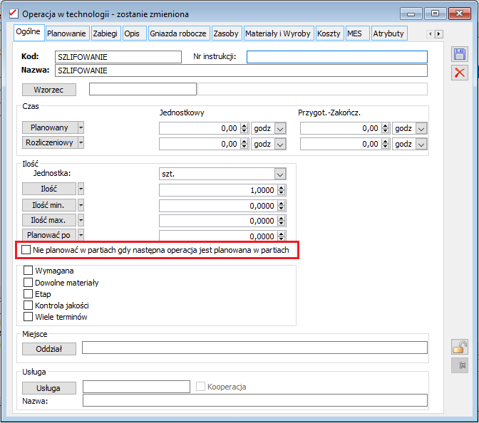 Operacja w technologii parametr: Nie planować w partiach, gdy następna operacja jest planowana w partiach