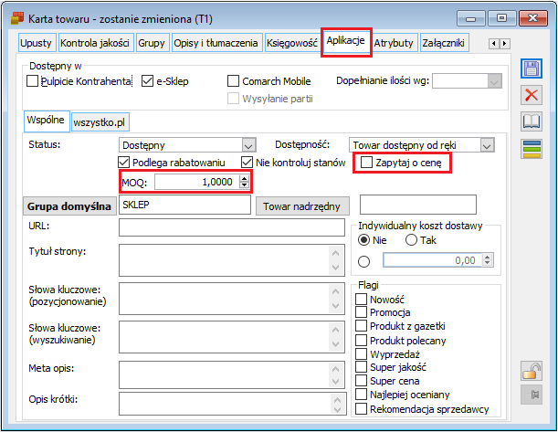 Comarch e-Sklep - nowe parametry na karcie towaru