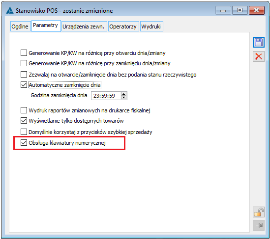 Parametr dotyczący stosowania klawiatury numerycznej na stanowisku POS