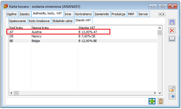 Stawka VAT towaru dla kraju działalności: Austria