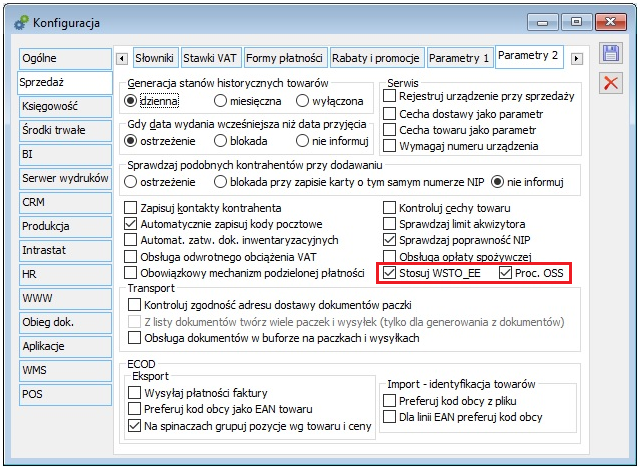 Parametry WSTO i OSS w Konfiguracji systemu