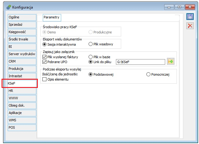 Parametry konfiguracyjne w zakresie integracji z KSeF