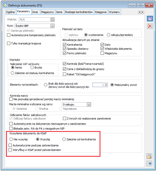 Parametry KSeF na definicji FS