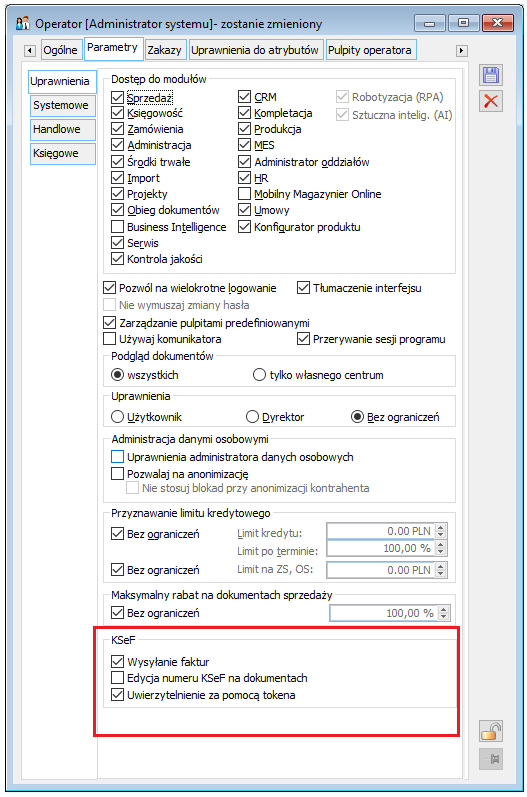 Prawa w zakresie KSeF na karcie Operatora