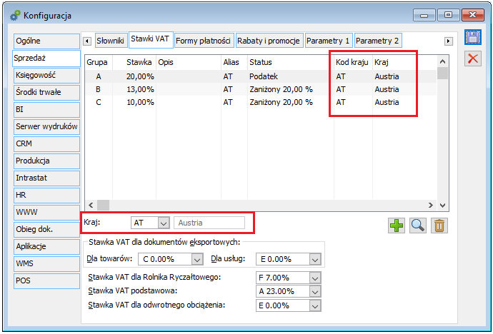 Kraj na liście stawek VAT i filtrowanie listy stawek wg kraju w którym obowiązują