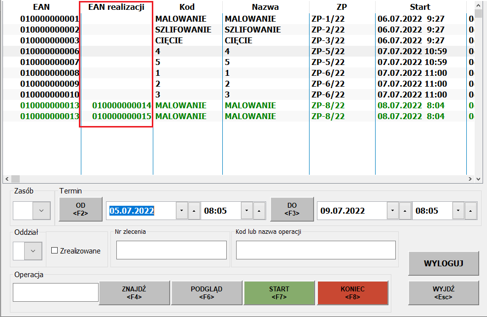 Rejestracja produkcji - nowa kolumna: EAN realizacji na liście operacji