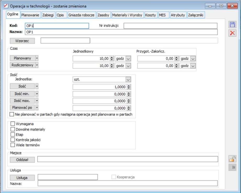 Operacja w technologii, zakładka: Ogólne