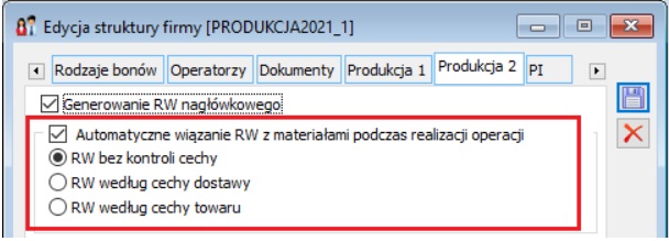 Nowe parametry decydujące o automatycznym wiązaniu „RW nagłówkowego” z materiałami, podczas wykonywania realizacji operacji