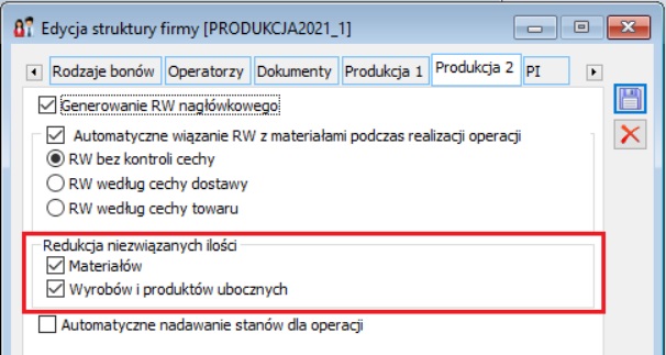 Nowe parametry decydujące o aktywności funkcji do redukcji ilości materiałów i produktów na ZP