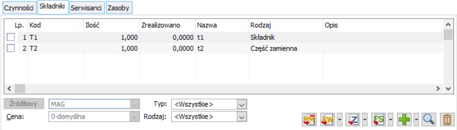 Elementy zlecenia, zakładka Składniki