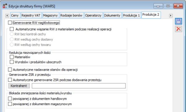 Edycja struktury praw, zakładka Produkcja 2