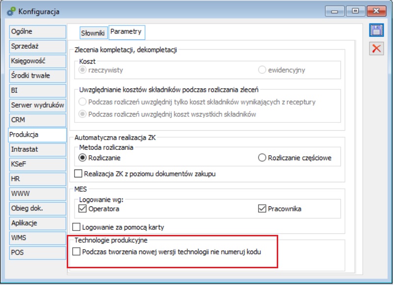 Konfiguracja, zakładka: Produkcja/Parametry- parametr decydujący o numerowaniu wersji technologii