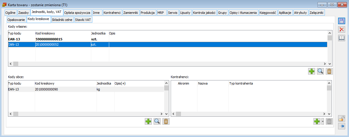 Karta towaru, zakładka: Jednostki, kody, VAT/ Kody kreskowe.