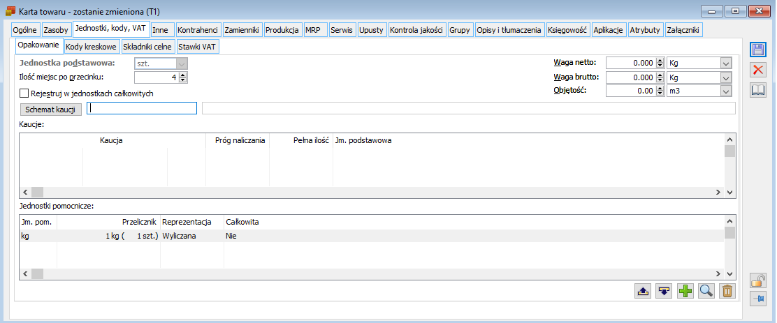 Karta towaru, zakładka: Jednostki, kody, VAT/ Opakowanie.