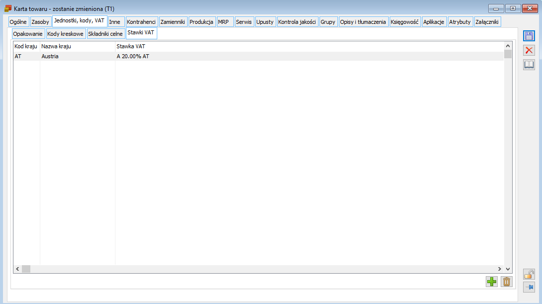 Karta towaru, zakładka: Jednostki, kody, VAT/ Stawki VAT.