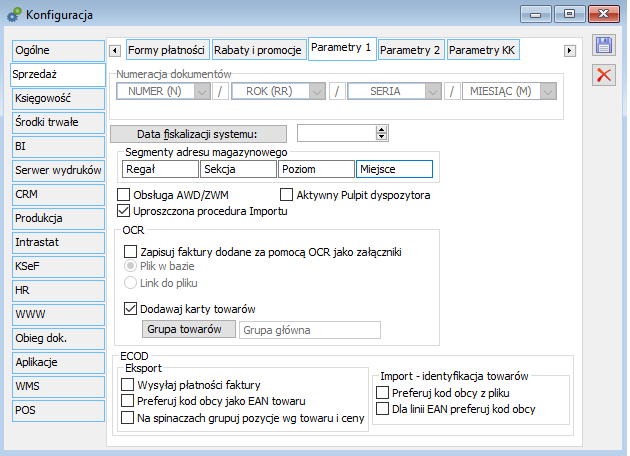 Konfiguracja, zakładka: Sprzedaż/Parametry 1.