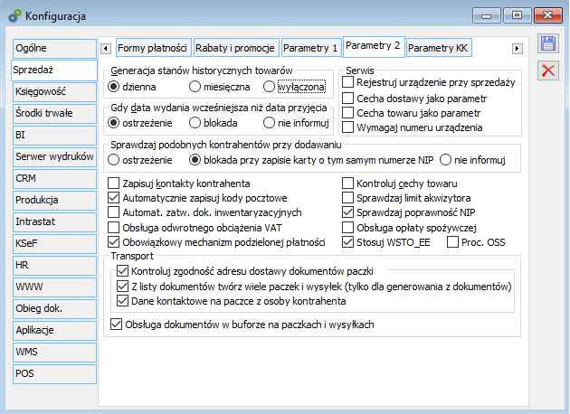Konfiguracja, zakładka: Sprzedaż/Parametry 2.