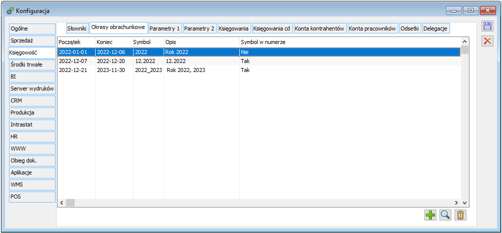 Konfiguracja, zakładka Okresy obrachunkowe.