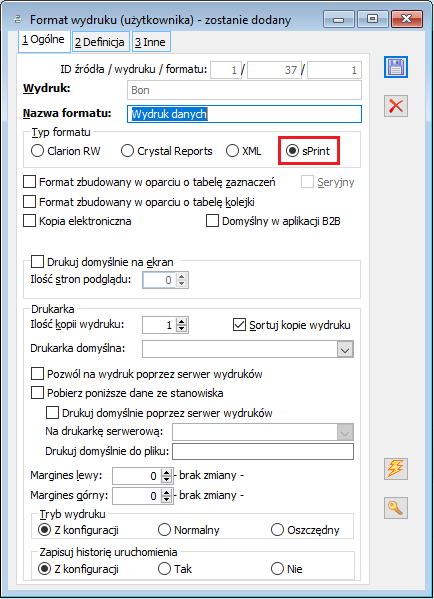 Nowy typ formatu wydruku: sPrint