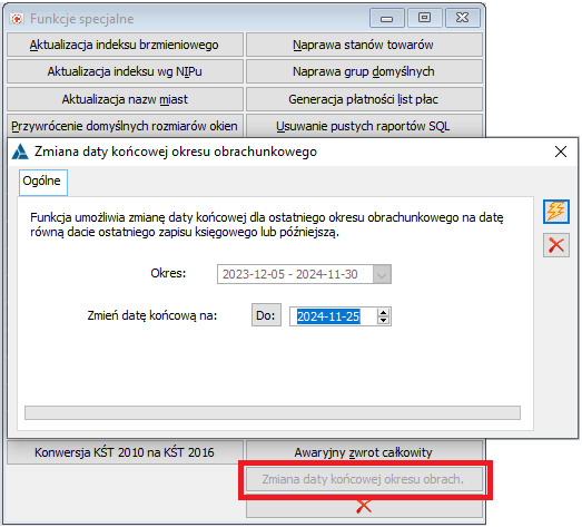Okno funkcji specjalnej „Zmiana daty końcowej okresu obrachunkowego”