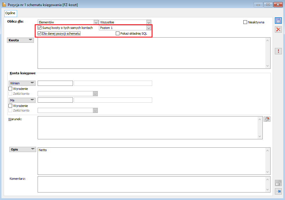 Pozycja schematu księgowego – sumowanie dla pozycji