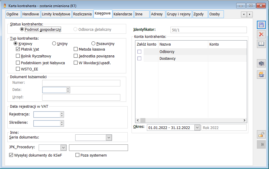 Karta kontrahenta, zakładka: Księgowe 