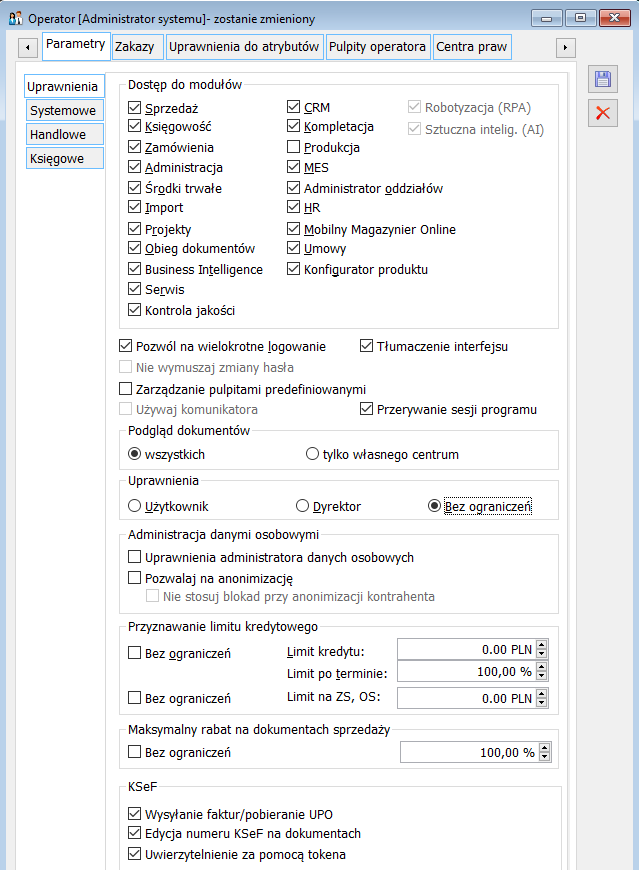 Operator, zakładka: Parametry/Uprawnienia