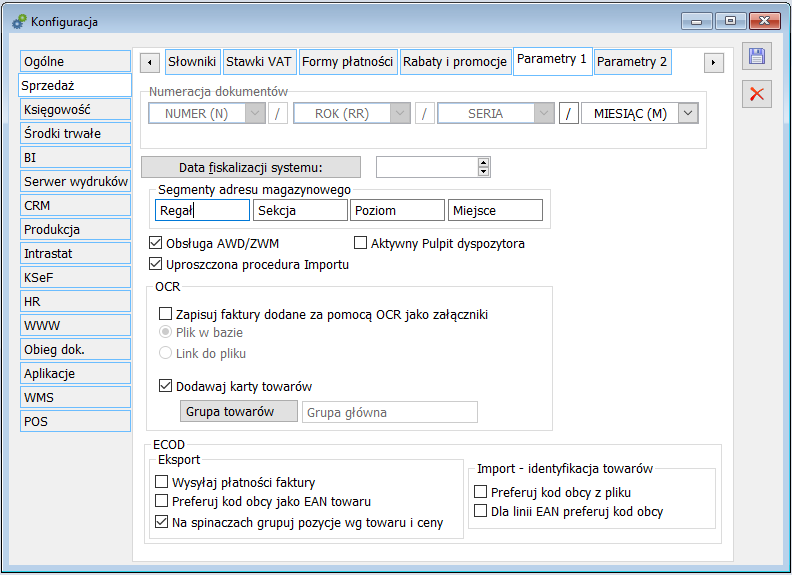 Konfiguracja, zakładka: Sprzedaż/Parametry1