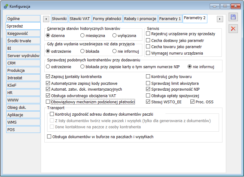 Konfiguracja, zakładka: Sprzedaż/Parametry2