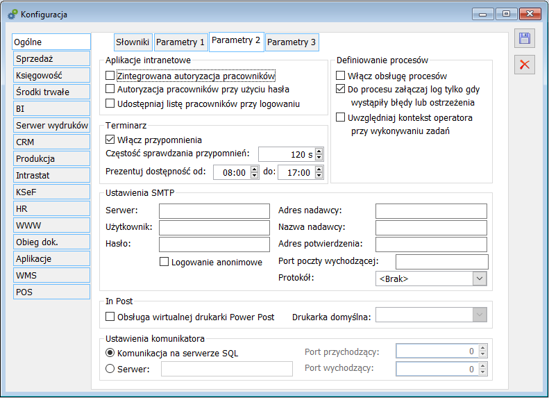 Konfiguracja, zakładka: Ogólne/Parametry 2 