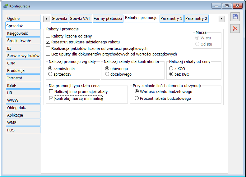 Konfiguracja, zakładka: Sprzedaż/Rabaty i promocje