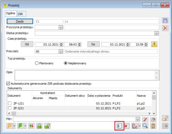 Opcja umożliwiająca ręczne wygenerowanie dokumentu ZSR z poziomu przestoju
