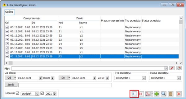 Lista przestojów i awarii – opcja generowania ZSR dla zaznaczonych przestojów