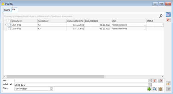Przestój, zakładka [ZSR] – lista dokumentów ZSR wygenerowanych z poziomu danego przestoju