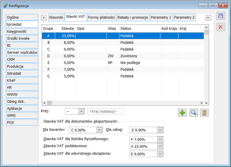 Konfiguracja, zakładka: Sprzedaż/Stawki VAT