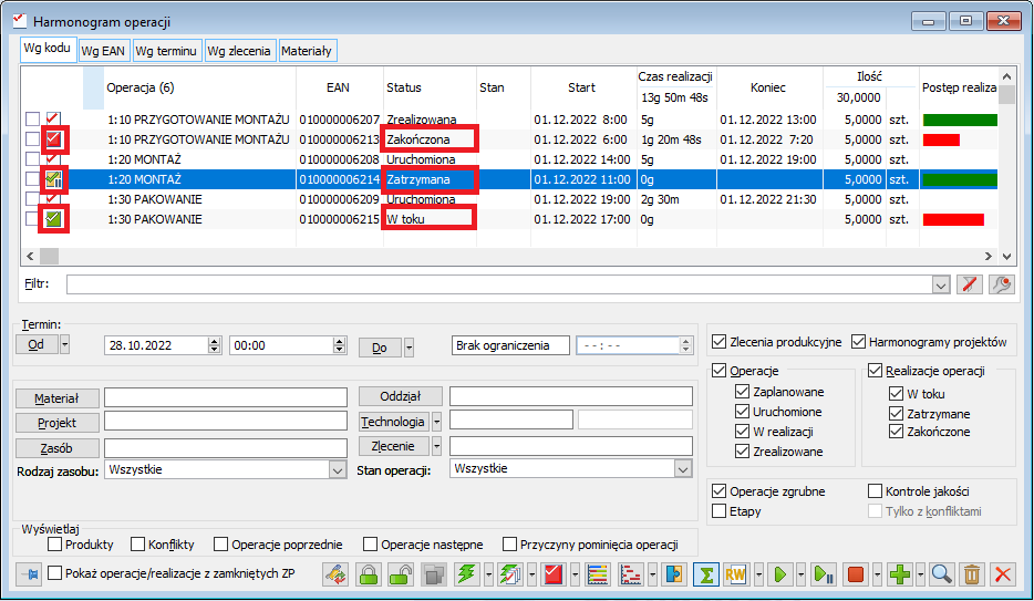 Statusy realizacji wyświetlane w kolumnie Status oraz odpowiadające im ikonki w oknie Harmonogram operacji